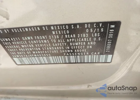 2015 Volkswagen Jetta 2.0L S from USA, damaged, VIN 3VW2K7AJ9FM403853